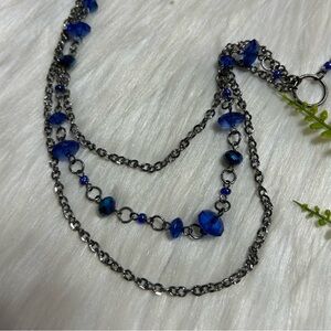 Layered blue faceted rhinestones gunmetal tone necklace